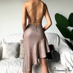 Party Backless Asymmetry Ruffles Hem Spaghetti Strap V-Neck Sleeveless Mini Lace Up Bodycon Dress