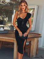 Party Elegant For Midi Ruffle Bandage Women Bodycon Gown High Evening Club Black Warm-Season Quality - Wear