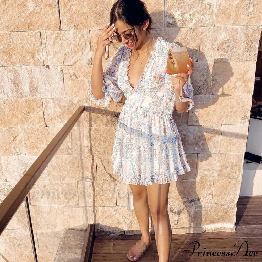 Party Gown Harlow Backless Design V-Neck Mini - Warm-Season Ruffle Flowered Dress