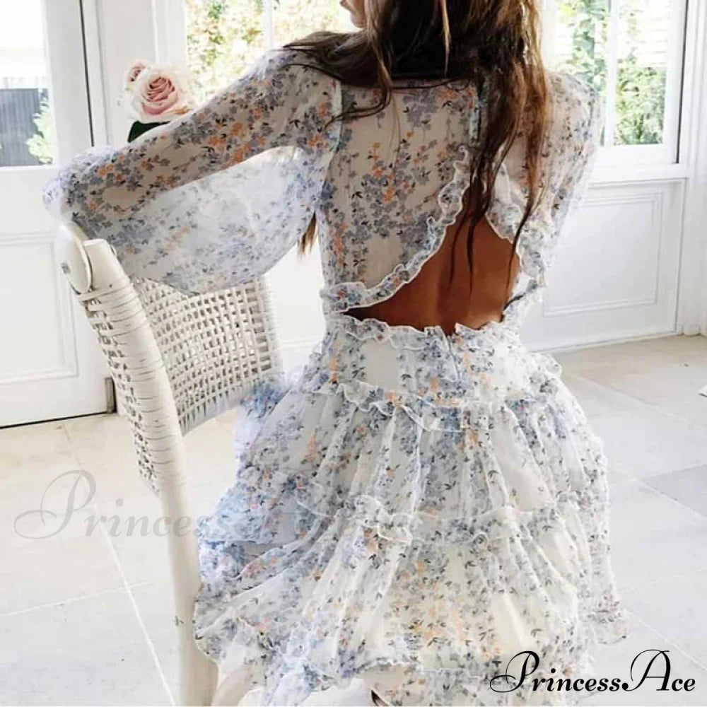 Party Gown Harlow Backless Design V-Neck Mini - Warm-Season Ruffle Flowered Dress