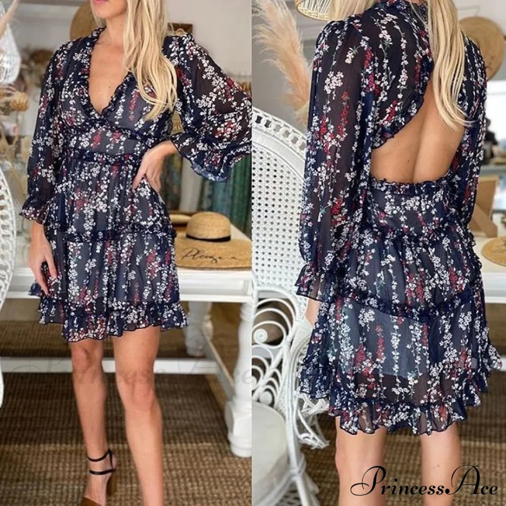 Party Gown Harlow Backless Design V-Neck Mini - Warm-Season Ruffle Flowered Dress