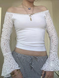 Patchwork Lace Slim Slash Neck Flare Sleeve Long Knit Top