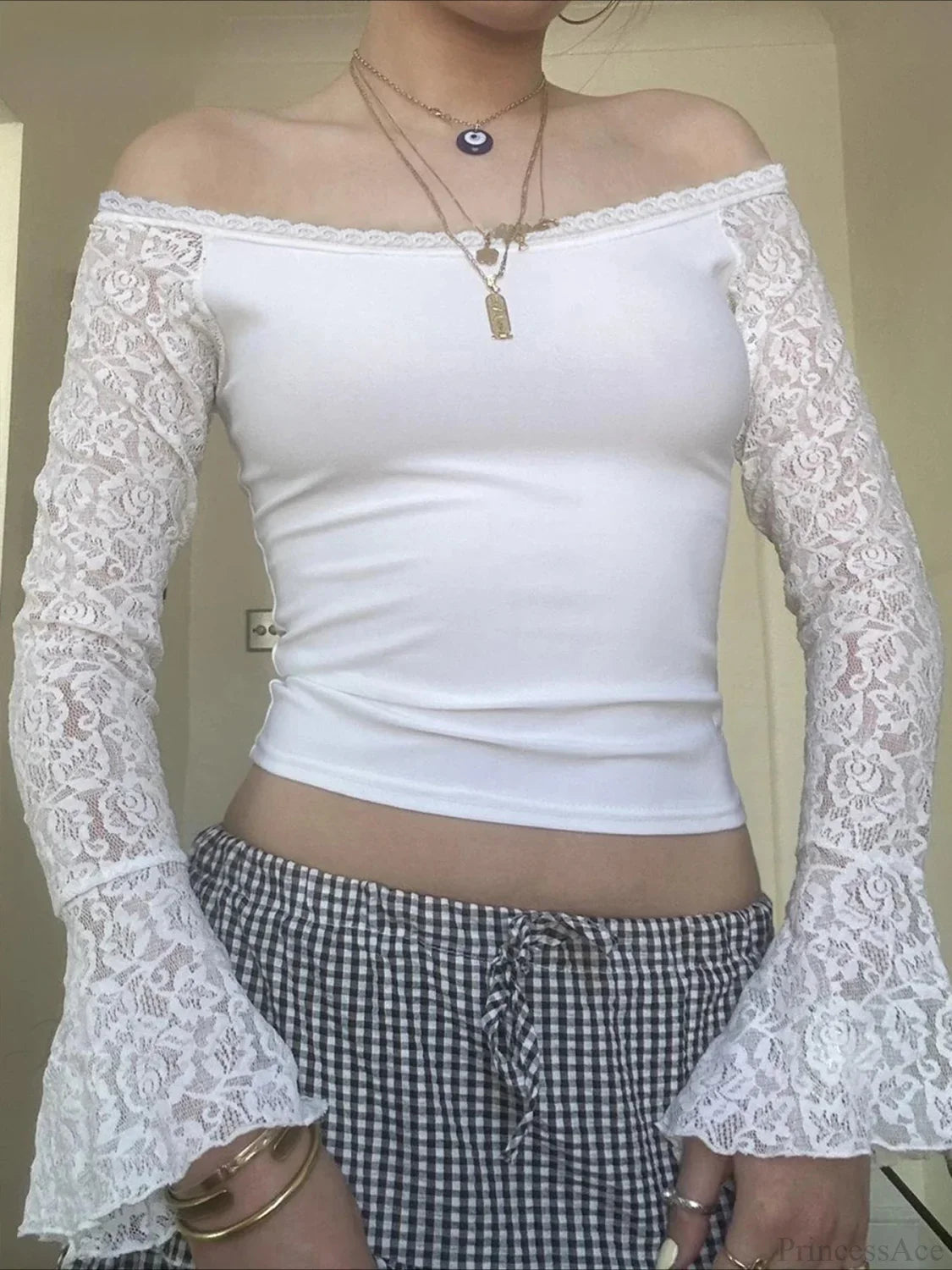 Patchwork Lace Slim Slash Neck Flare Sleeve Long Knit Top