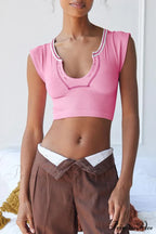 Patchwork Neck U Solid T-Shirt