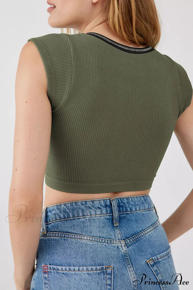 Patchwork Neck U Solid T-Shirt