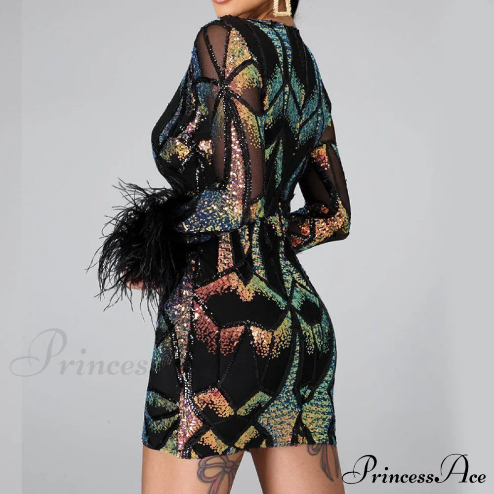 Patchwork Print Skinny Ostrich Feather Sequins Party Dress