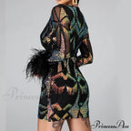 Patchwork Print Skinny Ostrich Feather Sequins Party Dress