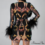 Patchwork Print Skinny Ostrich Feather Sequins Party Dress