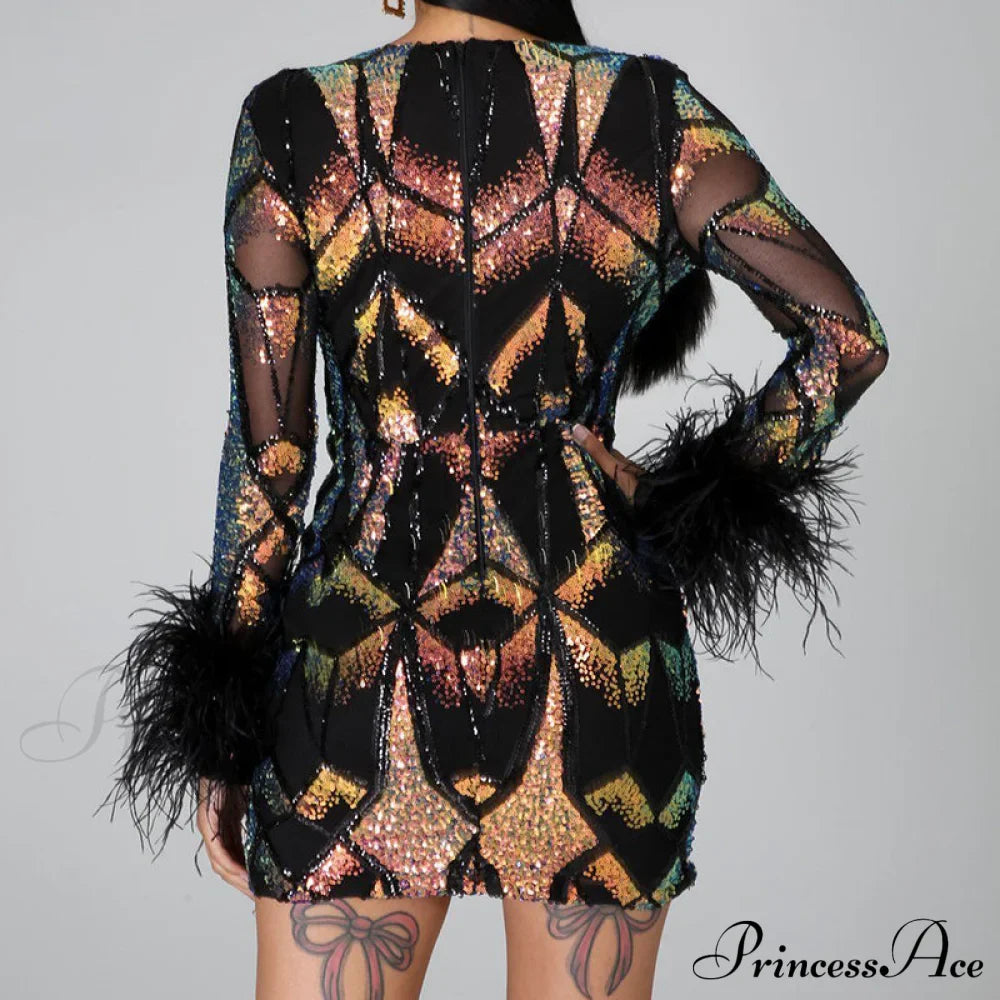 Patchwork Print Skinny Ostrich Feather Sequins Party Dress