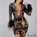 Patchwork Print Skinny Ostrich Feather Sequins Party Dress