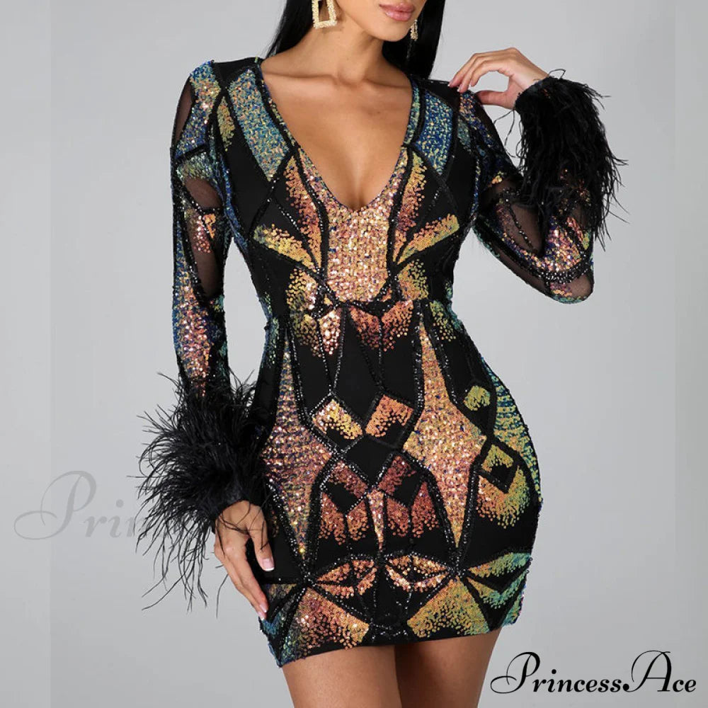 Patchwork Print Skinny Ostrich Feather Sequins Party Dress