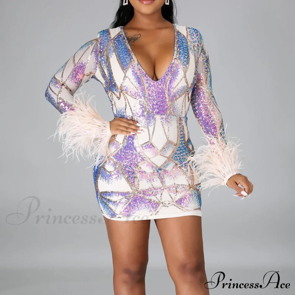 Patchwork Print Skinny Ostrich Feather Sequins Party Dress