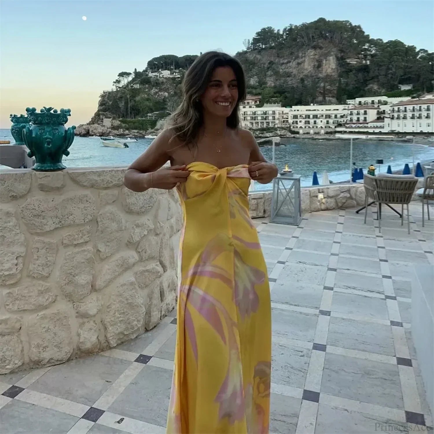 Pb&Za Satin Printed Strapless Vacation Dress
