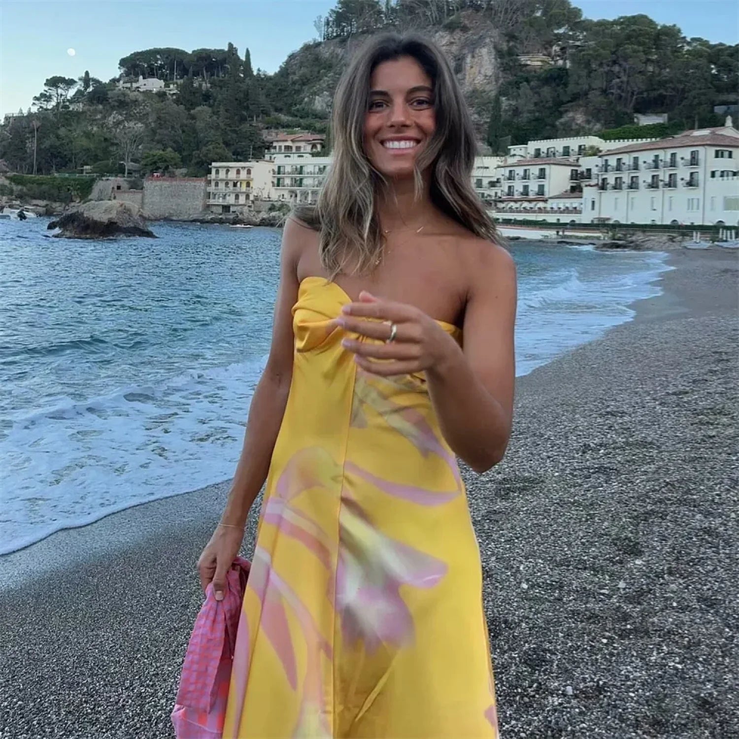 Pb&Za Satin Printed Strapless Vacation Dress
