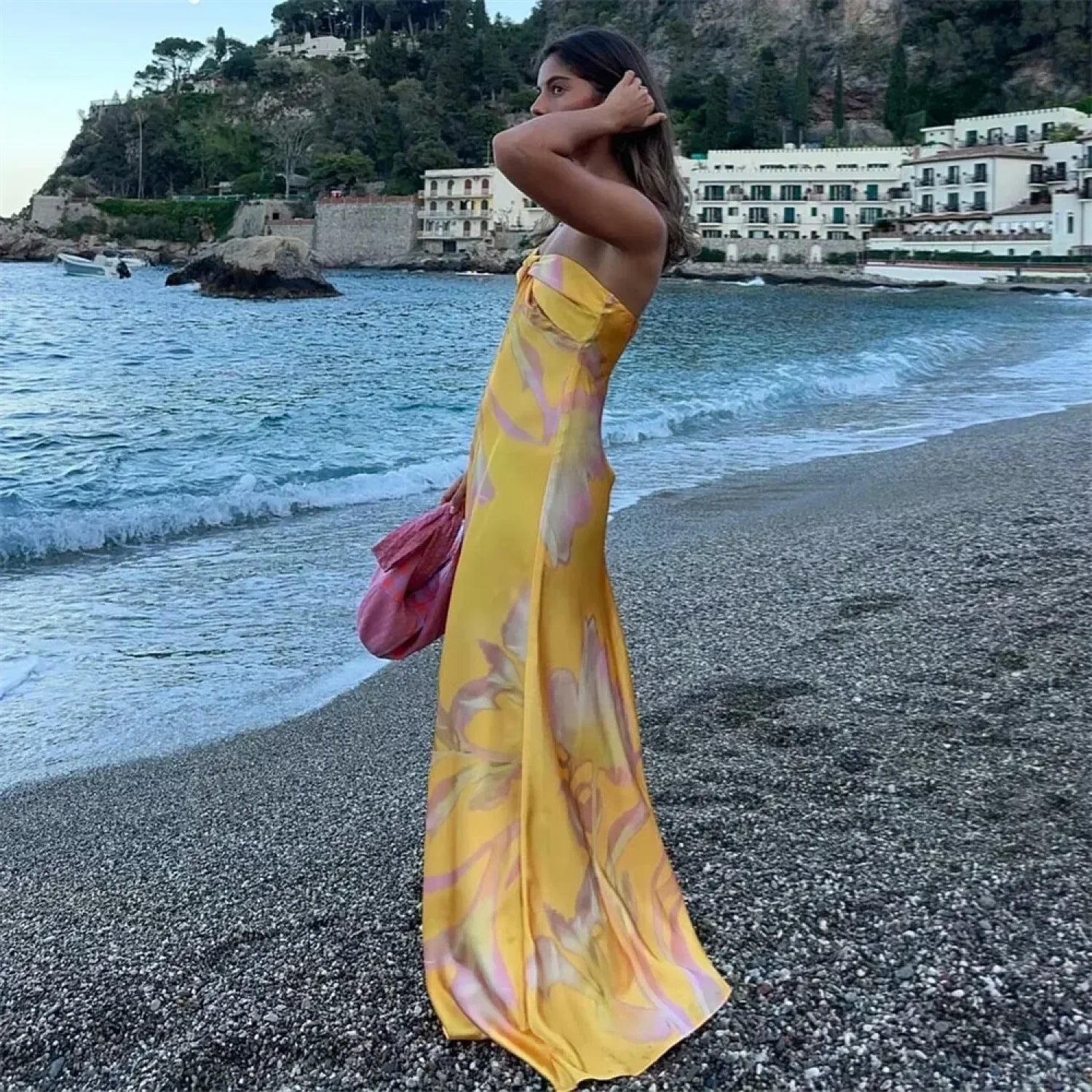 Pb&Za Satin Printed Strapless Vacation Dress