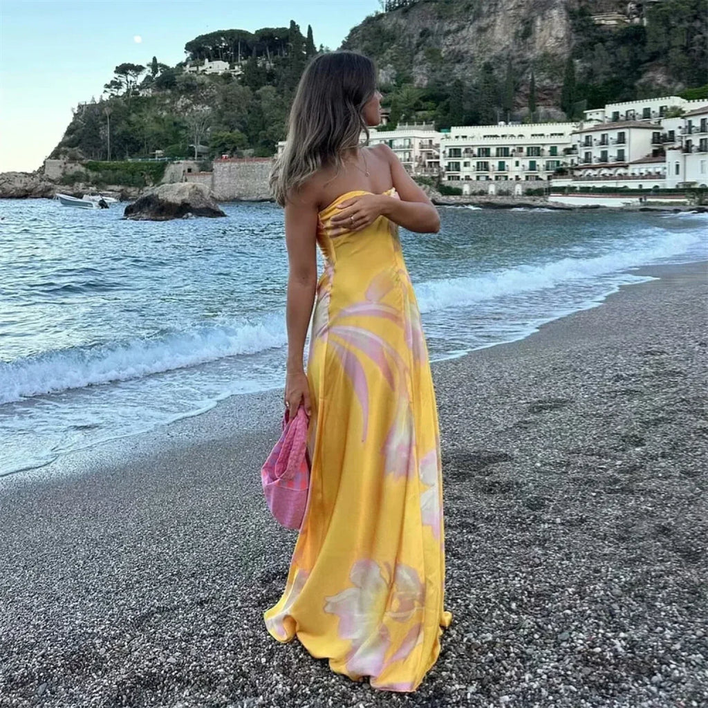 Pb&Za Satin Printed Strapless Vacation Dress