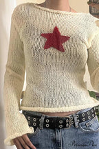 Sheer Hollow-Out Red Star Long-Sleeve Knit Top