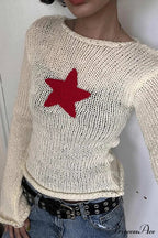 Sheer Hollow-Out Red Star Long-Sleeve Knit Top
