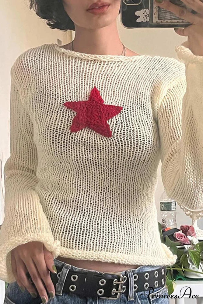 Sheer Hollow-Out Red Star Long-Sleeve Knit Top