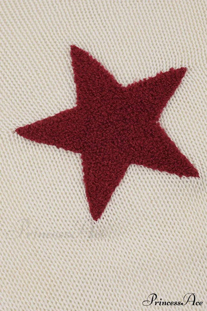 Sheer Hollow-Out Red Star Long-Sleeve Knit Top
