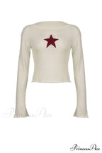 Sheer Hollow-Out Red Star Long-Sleeve Knit Top