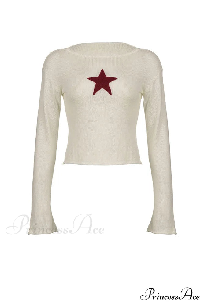 Sheer Hollow-Out Red Star Long-Sleeve Knit Top