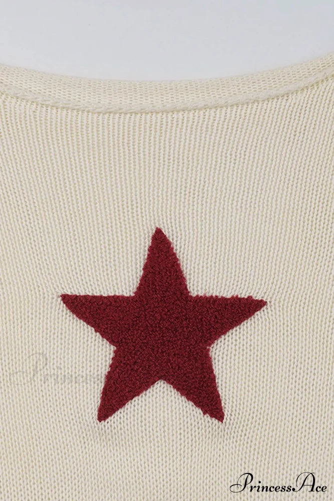 Sheer Hollow-Out Red Star Long-Sleeve Knit Top