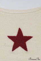 Sheer Hollow-Out Red Star Long-Sleeve Knit Top