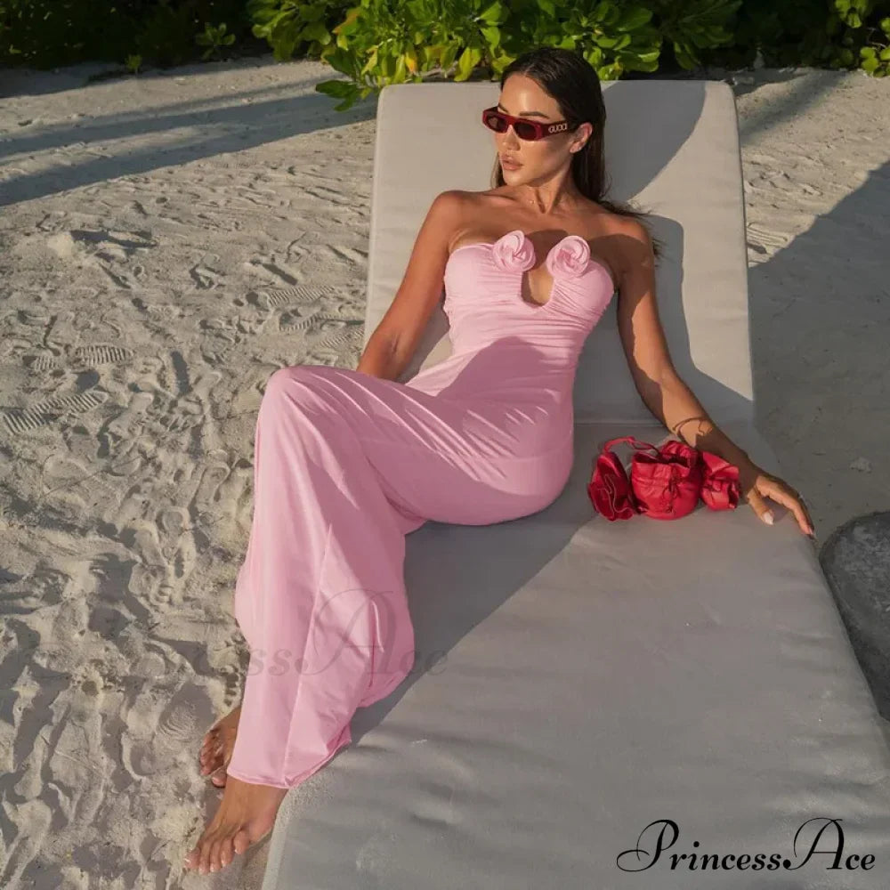 Pink 3D Floral-Applique Charming Strapless Maxi Dress