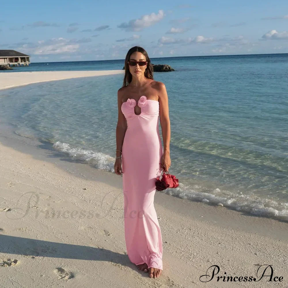 Pink 3D Floral-Applique Charming Strapless Maxi Dress