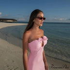 Pink 3D Floral-Applique Charming Strapless Maxi Dress