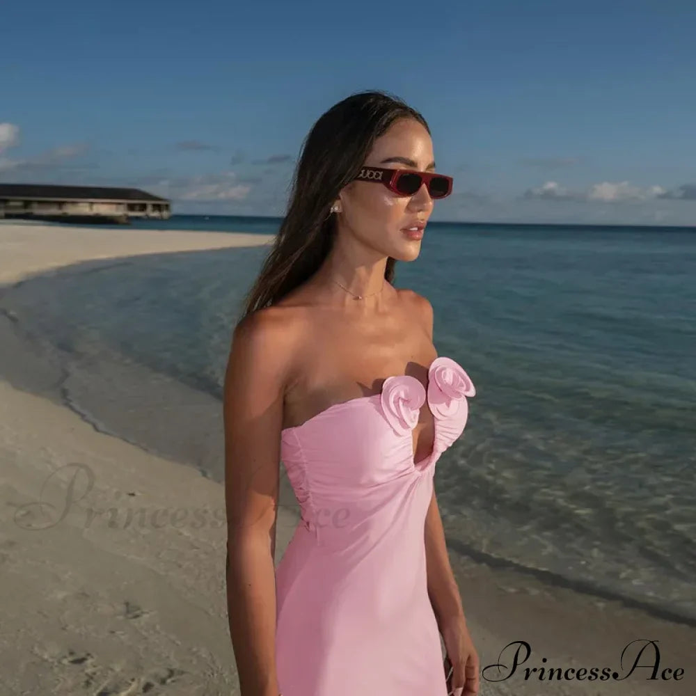 Pink 3D Floral-Applique Charming Strapless Maxi Dress