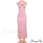 Pink 3D Floral-Applique Charming Strapless Maxi Dress