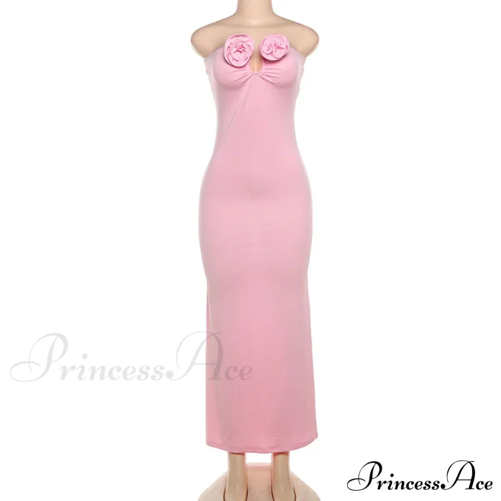 Pink 3D Floral-Applique Charming Strapless Maxi Dress