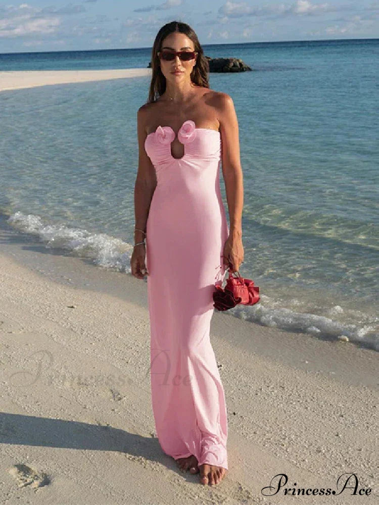 Pink 3D Floral-Applique Charming Strapless Maxi Dress