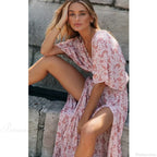 Pink Floral Maxi Dress Deep V-Neck Side Split Boho