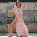 Pink Floral Maxi Dress Deep V-Neck Side Split Boho