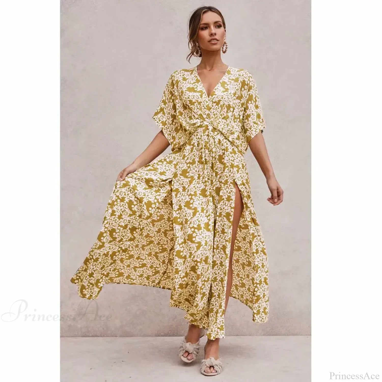 Pink Floral Maxi Dress Deep V-Neck Side Split Boho