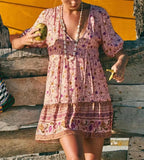 Pink Floral Print Robe A-Line Mini Dress Women Beach Boho Summer