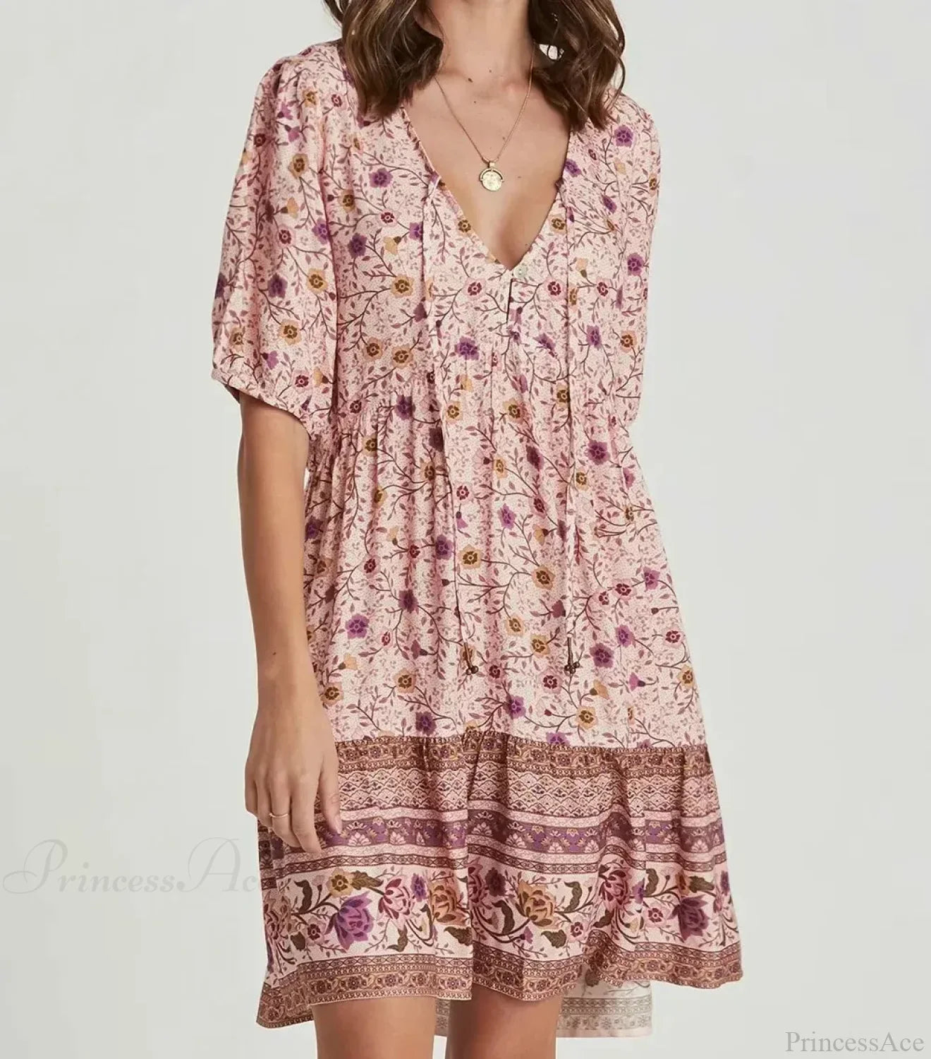 Pink Floral Print Robe A-Line Mini Dress Women Beach Boho Summer