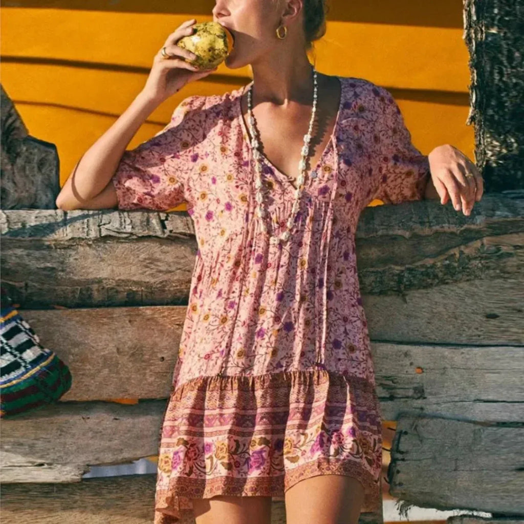 Pink Floral Print Robe A-Line Mini Dress Women Beach Boho Summer