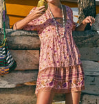 Pink Floral Print Robe A-Line Mini Dress Women Beach Boho Summer