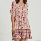 Pink Floral Print Robe A-Line Mini Dress Women Beach Boho Summer