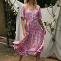 Pink Floral Print V-Neck Tassel Rayon Vacation Maxi Boho Dress