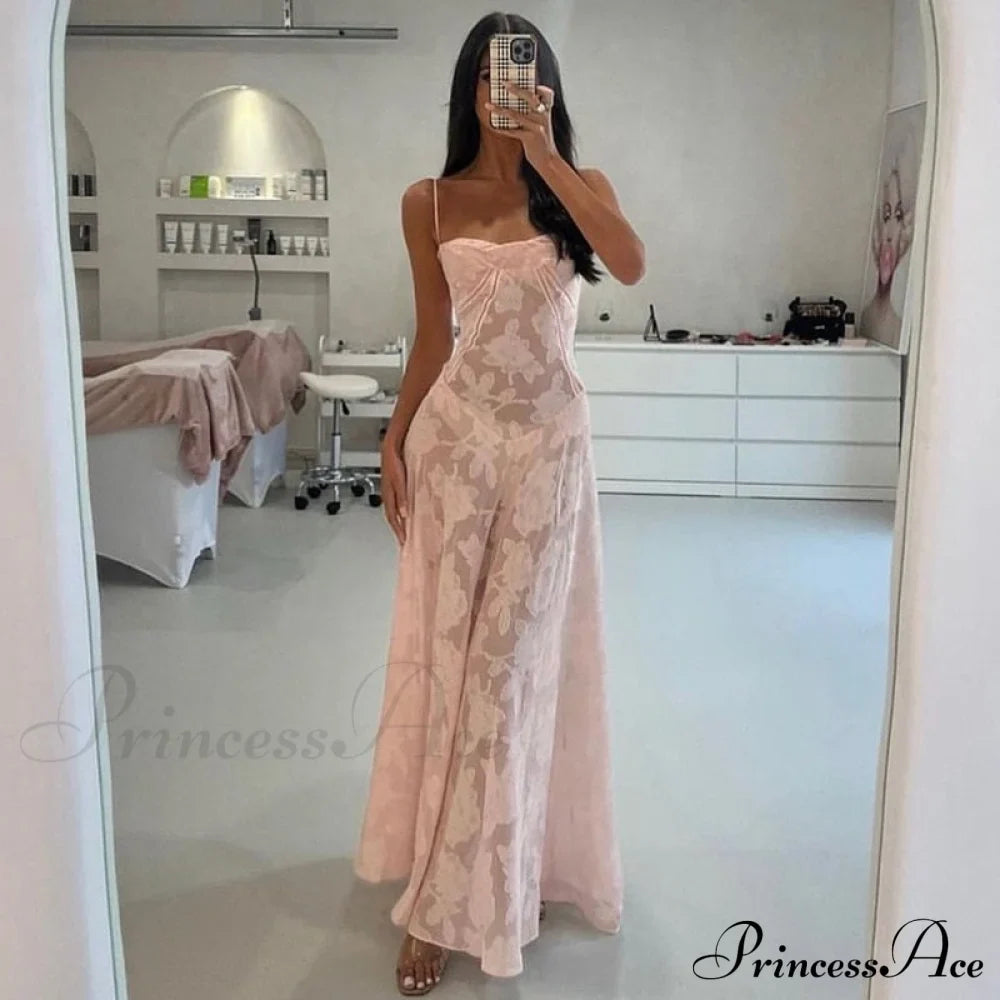 Pink Floral Stylish Lace Maxi Dress