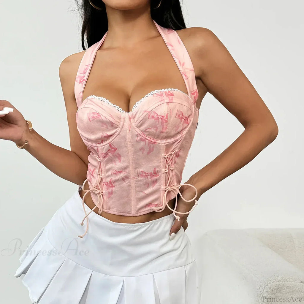 Pink Halter-Neck Printed Bandage Sleeveless Crop Top