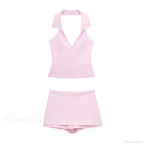 Pink Halter Sleeveless Charming Top And Skort Set