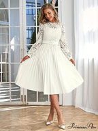 Pink Lace Pleated Party Dress With Belt