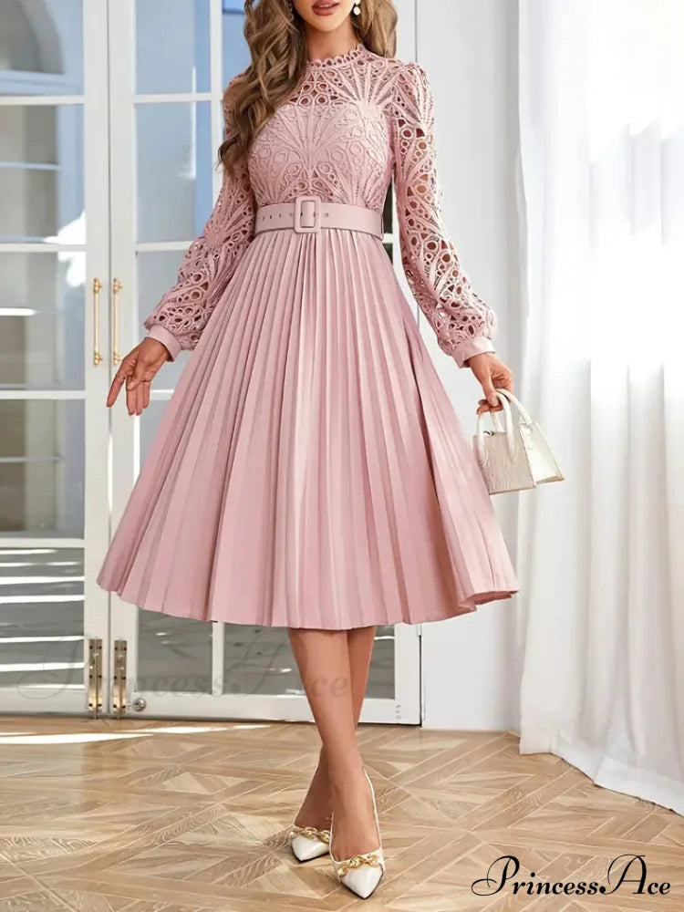 Pink Lace Pleated Party Dress With Belt