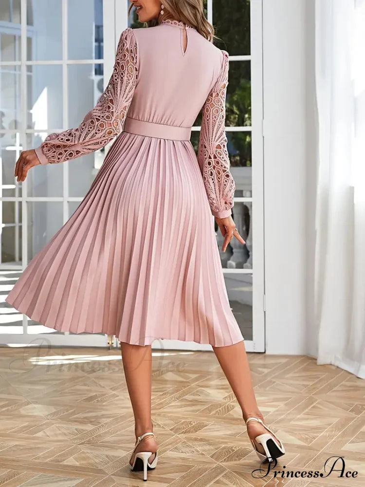 Pink Lace Pleated Party Dress With Belt